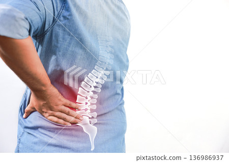 Mature Asian man suffering from back pain with red x-ray spine bone graphic overlay, male holding his lower back feeling ache from muscle strain, herniated disc or office syndrome. Mature Asian man suffering from back pain with red x-ray spine bone graphic overlay, male holding his lower back feeling ache from muscle strain, herniated disc or office syndrome. 136986937