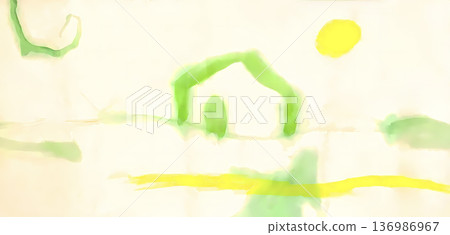 手繪插圖,描繪了房屋、太陽和抽象形狀,並以淺綠色和黃色水彩繪製在紙上。 手繪插圖,描繪了房屋、太陽和抽象形狀,並以淺綠色和黃色水彩繪製在紙上。 136986967