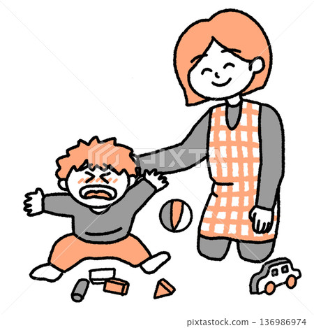 幼兒園老師安慰哭泣男孩的插圖 幼兒園老師安慰哭泣男孩的插圖 136986974