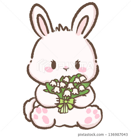 Cute bunny holding lily of the valley bouquet with ribbon hand drawn kawaii spring rabbit illustration for nursery wall art and floral greeting cards Cute bunny holding lily of the valley bouquet with ribbon hand drawn kawaii spring rabbit illustration for nursery wall art and floral greeting cards 136987043