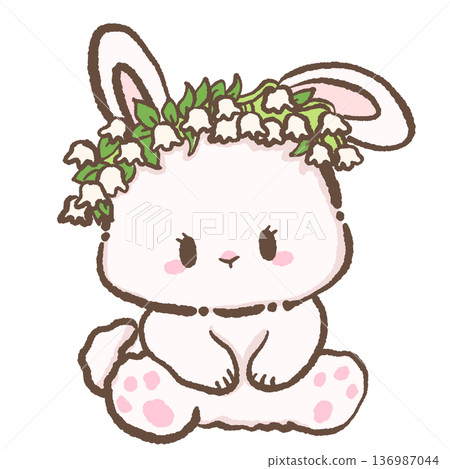 Cute bunny wearing lily of the valley flower crown hand drawn kawaii spring rabbit illustration for nursery decor greeting cards and floral themed designs Cute bunny wearing lily of the valley flower crown hand drawn kawaii spring rabbit illustration for nursery decor greeting cards and floral themed designs 136987044