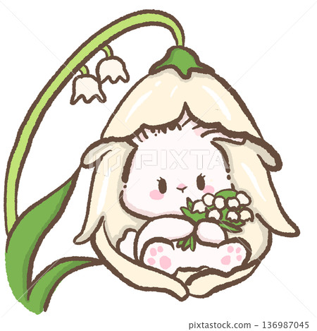Cute bunny holding lily of the valley bouquet under arching flower stem hand drawn kawaii spring rabbit illustration for nursery decor gentle floral designs and baby art Cute bunny holding lily of the valley bouquet under arching flower stem hand drawn kawaii spring rabbit illustration for nursery decor gentle floral designs and baby art 136987045