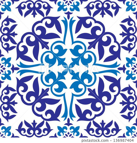 Talavera pattern. Indian patchwork. Azulejos portugal. Turkish ornament. Moroccan tile mosaic. Ceramic tableware, folk print. Spanish pottery. Ethnic background. Mediterranean seamless  wallpaper. 136987404
