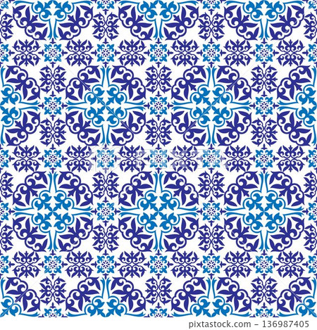Azulejo portuguese ceramic tile. Seamless pattern in blue and white Portuguese tiles. Moroccan tile mosaic. Spanish pottery. Mediterranean seamless  wallpaper. Vector seamless pattern 136987405