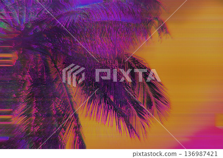 Distorted Tropical Palm Silhouette in Glitchy Purple, Orange, Pink for Y2K Inspired Aesthetic 136987421