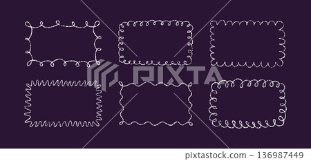Crayon doodle scalloped frames. Chalk wavy hand drawn borders. White cute rectangle photo frames with crayon texture. Wavy sketch line mirror borders. Vector illustration isolated on dark background 136987449