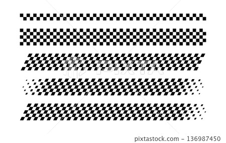 Race flag lines set. Black and white checker finish ribbon. Car race check grid pattern. Rally border abstract texture. Graphic design element. Vector illustration isolated on white background Race flag lines set. Black and white checker finish ribbon. Car race check grid pattern. Rally border abstract texture. Graphic design element. Vector illustration isolated on white background 136987450