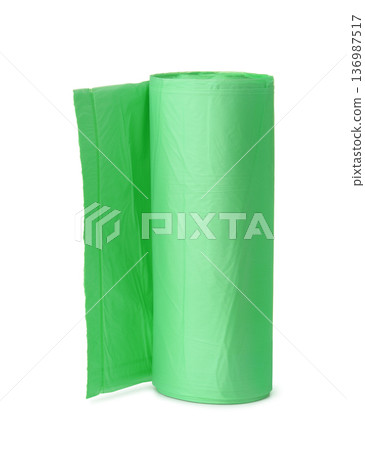 Roll of green biodegradable plastic garbage bags 136987517