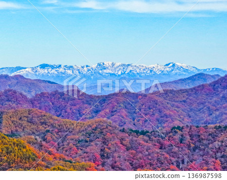 The colorful mountains of late autumn and the snow-capped Mikuni Mountains The colorful mountains of late autumn and the snow-capped Mikuni Mountains 136987598