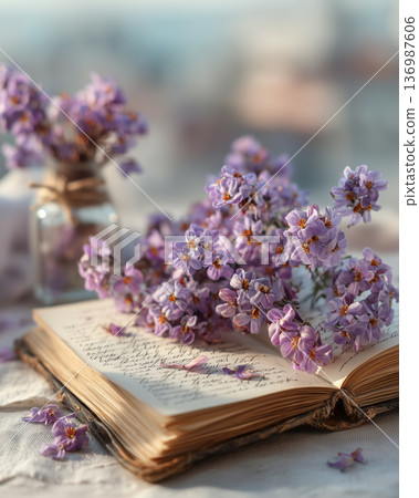 Interior photo of a table with lavender and old books 136987606