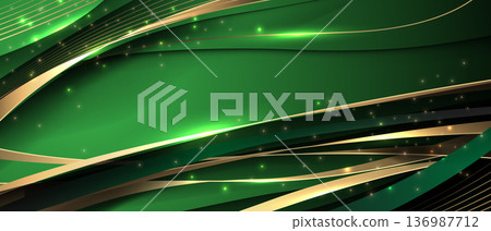 Abstract green luxury background with golden ribbon glitter elements and decoration design modern vector 136987712