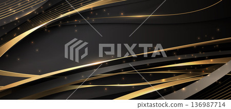 Abstract black luxury background with golden ribbon glitter elements and decoration design modern vector 136987714