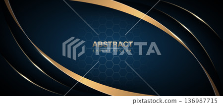 Abstract blue luxury background with golden ribbon elements and hexagon mesh decoration design modern vector 136987715