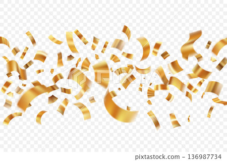 Gold confetti with flying ribbons and glitter particles. Birthday decoration with sparkling yellow paper elements, glitter and flying streamers. Vector illustration Gold confetti with flying ribbons and glitter particles. Birthday decoration with sparkling yellow paper elements, glitter and flying streamers. Vector illustration 136987734