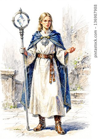 A female wizard wearing a cloak A female wizard wearing a cloak 136987988