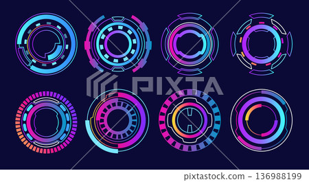 futuristic sci fi circular hud frame collection with neon glowing interface elements technology gaming science fiction display design cyber punk hi tech digital screen 136988199