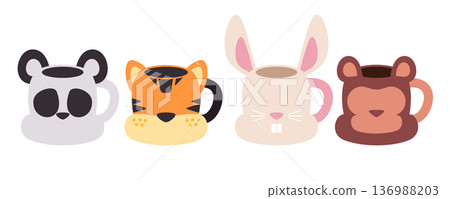 cute animal face ceramic mugs set featuring panda tiger rabbit bear characters for kids kitchenware and drinkware collection flat vector illustration cute animal face ceramic mugs set featuring panda tiger rabbit bear characters for kids kitchenware and drinkware collection flat vector illustration 136988203
