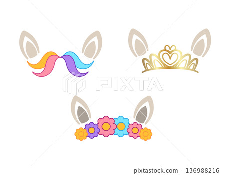 cute pony ear headbands with colorful hair and golden tiara flower crown set for girls party accessory and birthday celebration decoration 136988216