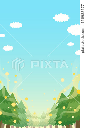 Illustration of flying pollen, cedar trees and blue sky_vertical Illustration of flying pollen, cedar trees and blue sky_vertical 136988377
