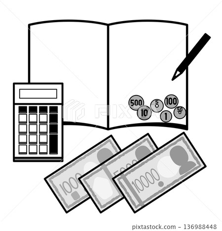 計算器、筆記本和現金（紙幣和硬幣）的圖片素材 136988448