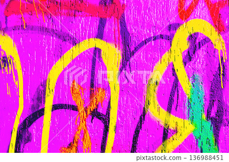 Bright Urban Graffiti Wall with Yellow, Pink, Orange, Green Spray Paint for 90s, Y2K Street Style 136988451