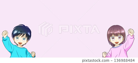 Anime-style illustration of a cheerful and energetic boy and girl Anime-style illustration of a cheerful and energetic boy and girl 136988484