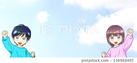 一幅動漫風格的插畫，描繪了一個陽光開朗的男孩和一個活潑可愛的女孩，背景是廣闊的藍天。 136988485