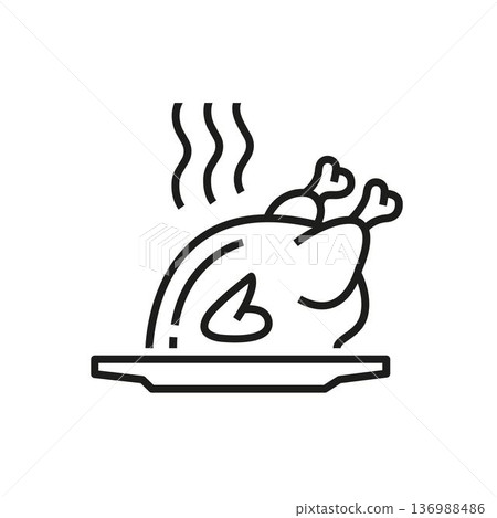 Roasted chicken fry grill cooked on plate line icon 136988486