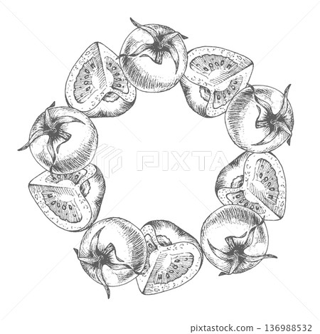 Wreath of the tomatoes. For packaging design, cards, cover, prints, product labels and fabric. 136988532