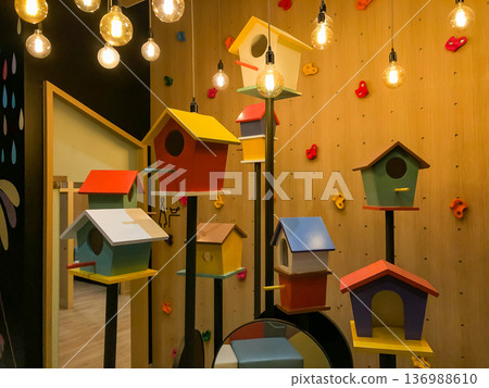 Wooden house models. Colorful wooden block geometric toy for kid playing learn creativity in stay home. 136988610