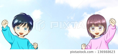 一幅動漫風格的插畫,描繪了一個陽光開朗的男孩和一個活潑可愛的女孩,背景是廣闊的藍天。 一幅動漫風格的插畫,描繪了一個陽光開朗的男孩和一個活潑可愛的女孩,背景是廣闊的藍天。 136988623