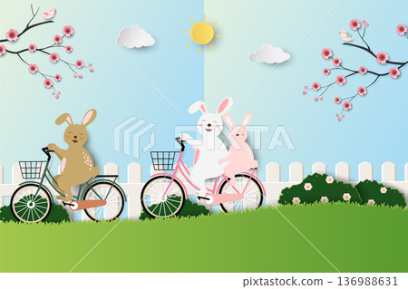 Happy Easter greeting card,Spring garden with cute rabbits happy on sunshine day 136988631