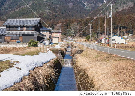 Nagahara, Nagahama City, Shiga Prefecture, a mountain village with remaining snow on the shores of Lake Biwa Nagahara, Nagahama City, Shiga Prefecture, a mountain village with remaining snow on the shores of Lake Biwa 136988883