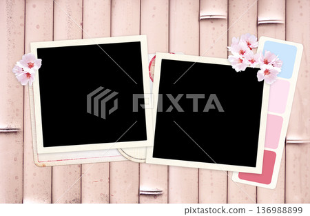 Horizontal background with two retro photo frame and sakura flower on bamboo texture. Moodboard pictures album for scrapbooking. Vintage style spring mood board layout way to express creativity 136988899