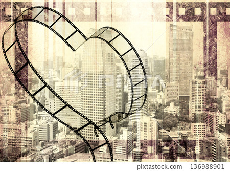 Grunge background with old paper texture, retro filmstrip frame and skyscrapers. Horizontal retro banner with film reel and urban scene. Vintage retro backdrop with paper texture and metropolis 136988901