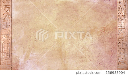 Horizontal background with ancient Egyptian hieroglyphs on stone wall, Egypt, Africa. Backdrop with sandstone carving with hieroglyph. Mock up template. Copy space for text 136988904