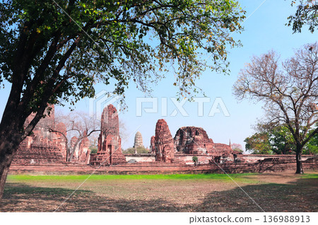 Wat Mahathat, Ayutthaya Historical Park, Thailand, Southeast Asia. Picturesque scene with old thai buddhist temple, stupa ruin, Ayutthaya, old capital of Siam kingdom. Topic of vacation, travel, trip 136988913