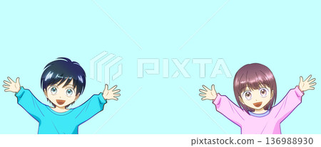 動漫風格的插畫，描繪了一個開朗活潑的男孩和一個女孩。 136988930