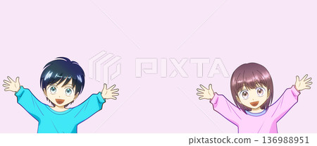 Anime-style illustration of a cheerful and energetic boy and girl Anime-style illustration of a cheerful and energetic boy and girl 136988951