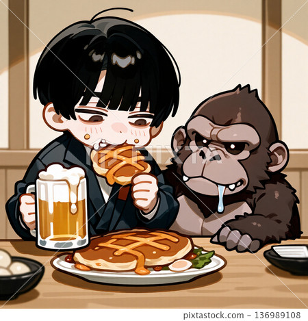 一個男人和一隻大猩猩正在喝酒 136989108