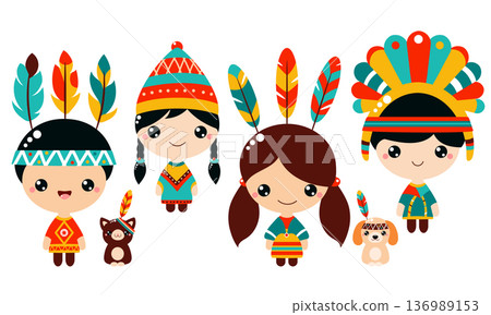 Cute little girl and boy in tribal costume of the indigenous peoples of America. Indian child from South and North America. Can be used for t-shirt print, sticker, badge. Vector illustration EPS8 Cute little girl and boy in tribal costume of the indigenous peoples of America. Indian child from South and North America. Can be used for t-shirt print, sticker, badge. Vector illustration EPS8 136989153