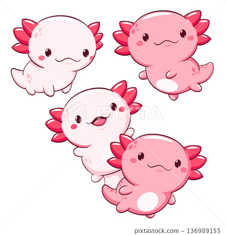 Set of axolotl in kawaii style. Lovely axolotl baby in different poses. Cute axolotl expression sheet collection. Can be used for t-shirt print, sticker, greeting card. Vector illustration EPS8 136989155