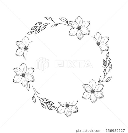 Vector delicate flower frame, wreath. Hand painted linear contour magnolia, sakura, twig with leaves. Graphic clipart isolated. Botanical, tattoo and wedding illustration. For designers, invitations Vector delicate flower frame, wreath. Hand painted linear contour magnolia, sakura, twig with leaves. Graphic clipart isolated. Botanical, tattoo and wedding illustration. For designers, invitations 136989227