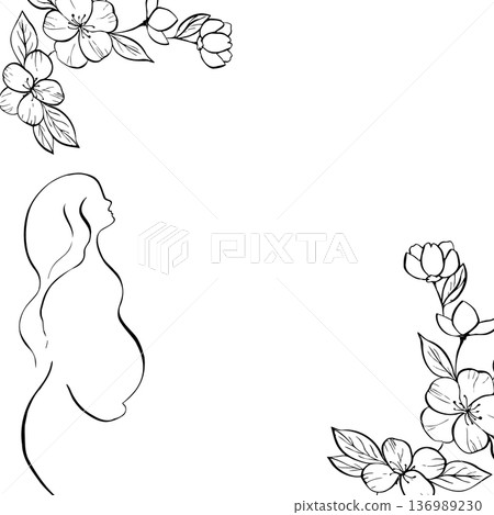 Vector frame. Pregnant woman in silhouette holds belly near blooming sakura. Hand-drawn linear contour template with cherry and apple trees in spring. Peaceful maternity sketch illustration. For Vector frame. Pregnant woman in silhouette holds belly near blooming sakura. Hand-drawn linear contour template with cherry and apple trees in spring. Peaceful maternity sketch illustration. For 136989230