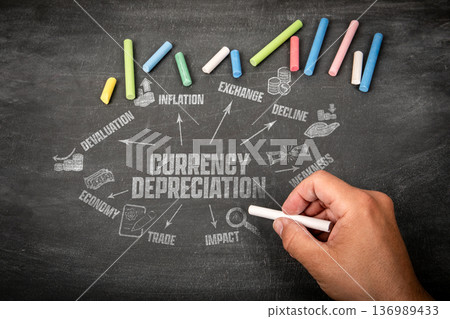 Currency Depreciation Diagram Concept. Icons and Keywords Currency Depreciation Diagram Concept. Icons and Keywords 136989433
