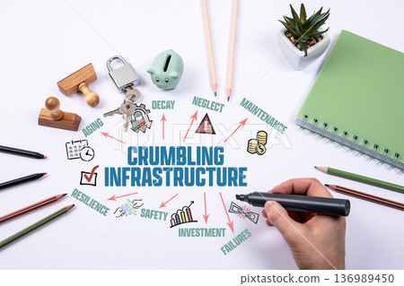 Crumbling Infrastructure Concept Hand Drawing Chart On White Office Desk Crumbling Infrastructure Concept Hand Drawing Chart On White Office Desk 136989450