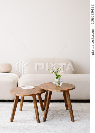 Wooden Tables With Flower Vase In Bright Living Room 136989458