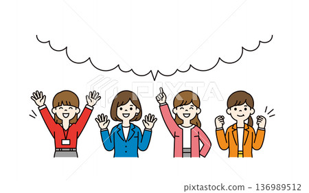 A set of vector illustrations of the upper body of a large speech bubble and multiple energetic women and office workers in their 20s and 30s 136989512