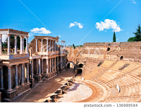 Spectacular view of the ruins of the semi-circular theatre in Merida Spectacular view of the ruins of the semi-circular theatre in Merida 136989584