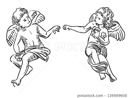 Hand drawing baroque ornament two angels isolated illustration Hand drawing baroque ornament two angels isolated illustration 136989608